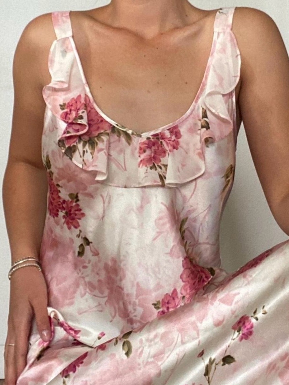 Women’s Pink Floral Ruffle Satin Sleepwear Camisole - Unbranded